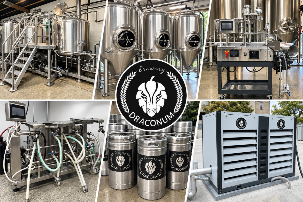 Photos of Brewery Draconum brewhouse, fermentation tanks, canning and kegging equipment, and glycol chiller