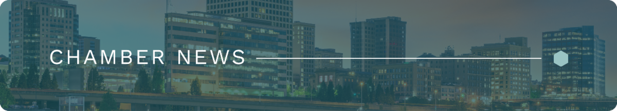 A wide and narrow image of downtown Tacoma with a blue overlay. White text in all caps is left-justified and states, "CHAMBER NEWS". A white line connects the end of the text to the right-side of the image to a light green hex icon.