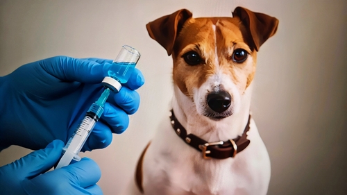 Veterinarian preparing injection for cute jack russell terrier dog in clinic_ vaccination concept pet health care_ New York City_ 26 September 25