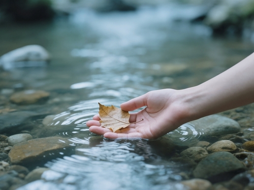 A human hand gently touches the surface of clear_ rippling water_ holding a dry_ intricate leaf amidst smooth river stones.