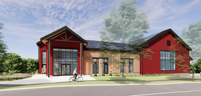 Architectural rendering depicts proposed modern community building with red and brown façades, peaked roofs, large windows, landscaped grounds, sidewalk, road, and cyclist. Central entrance features tall glass doors and exposed triangular beams, while translucent tree overlays suggest a design or planning presentation.