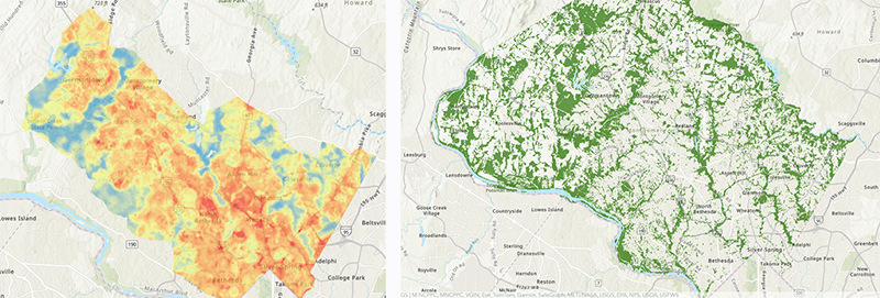 Two maps shown side-by-side: map showing temperature at 7 p.m. on left and map showing tree canopy coverage on right.