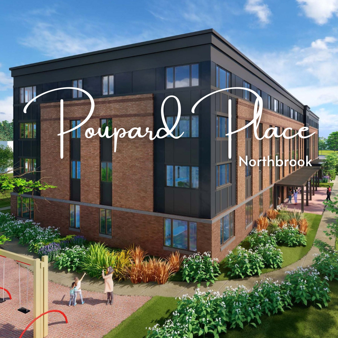 Rendering of a four story apartment building with a small playground. Poupard Place and Northbrook in white text.