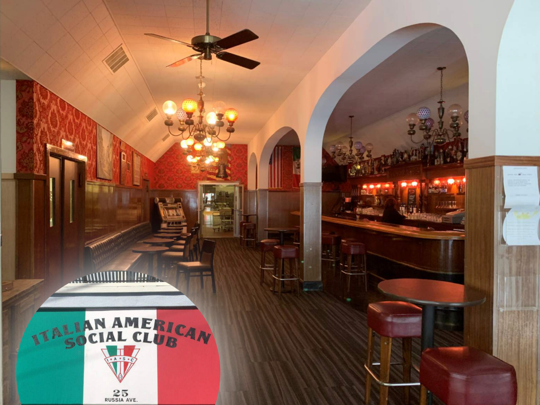 Interior of the Italian American Social Club with photo of outside tricolore awning overlaid in lower left corner