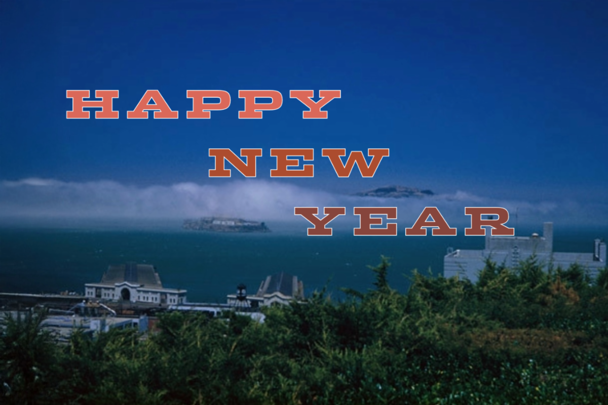 Happy New Year messagae with view of San francisco Bay in background