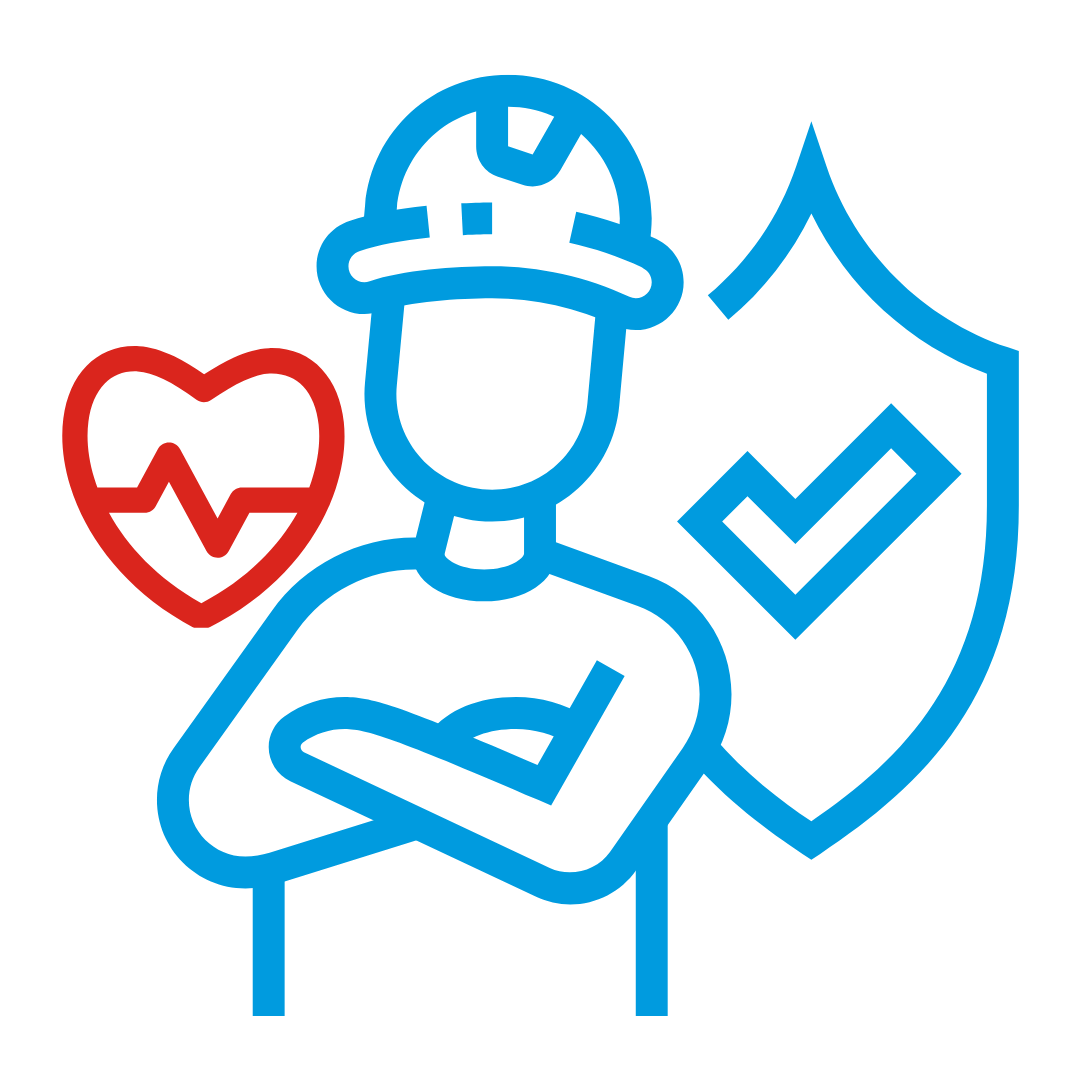 A worker wearing a hardhat with a heartbeat and shield behind them