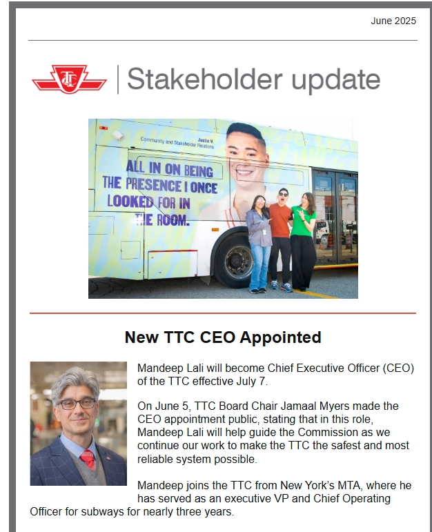 A screenshot of the TTC June 2025 stakeholder update