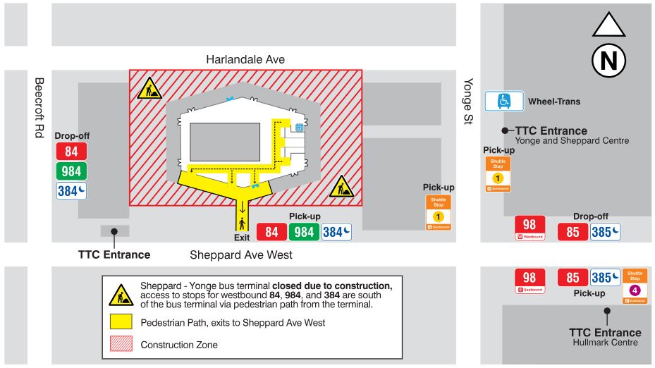 Map of the Sheppard Yonge station and bus terminal closure
