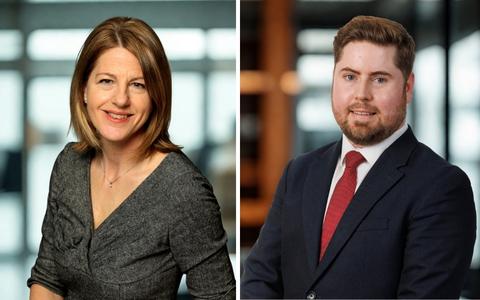 Professional headshots of two individuals displayed side by side against softly blurred office backgrounds. One portrait shows a person wearing a grey top and the other shows a person wearing a dark suit with a red tie.