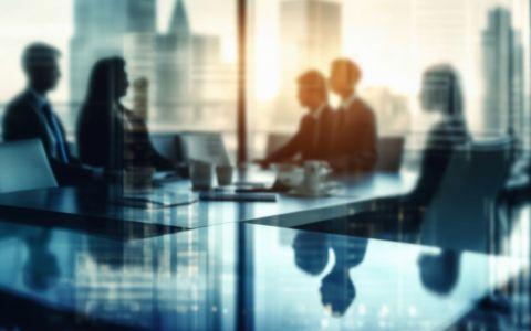 Abstract view of people sitting around a boardroom table. Behind frosted glass.