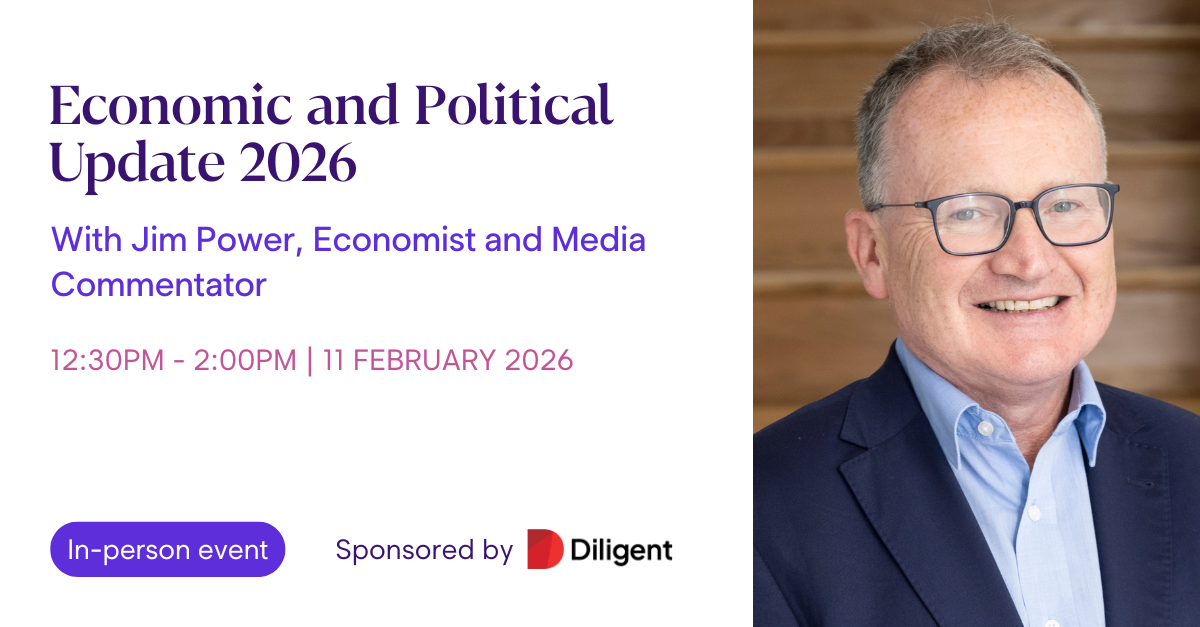 Promotional graphic for an event titled Economic and Political Update 2026. The text states With Jim Power Economist and Media Commentator. The event time is 1230PM to 200PM on 11 February 2026. A button indicates this is an In person event. On the right side there is a portrait of a man wearing a blue blazer and a light blue shirt.
