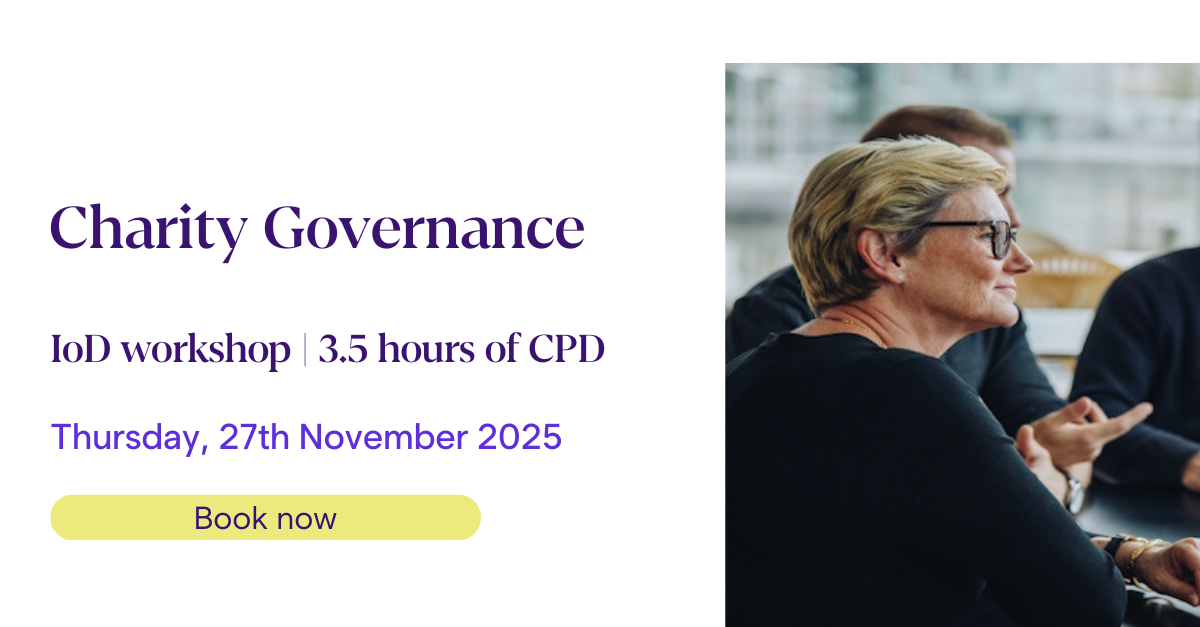 Promotional flyer for a Charity Governance workshop with purple and yellow text showing event details including IoD workshop 3.5 hours of CPD Thursday 27th November 2025 and a yellow Book now button with an image of people seated at a table in a meeting setting