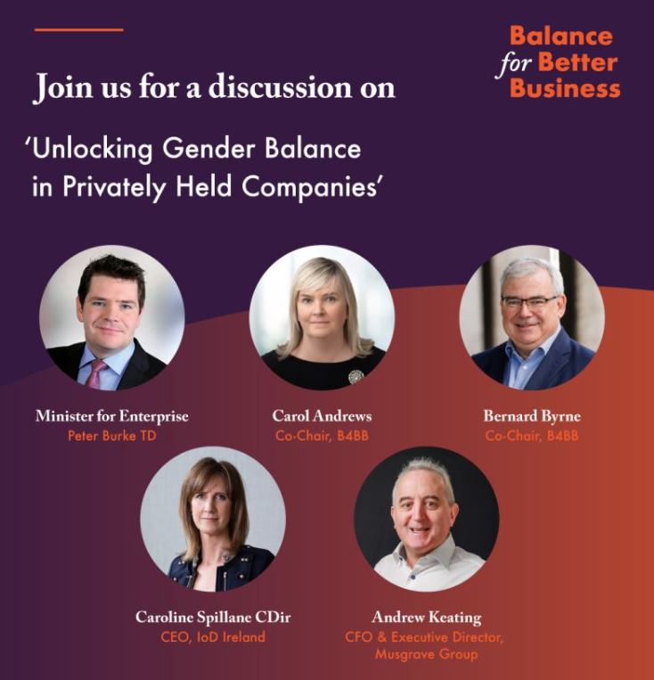 Advertisement for unlocking gender balance in privately held companies event by balance for better business. On a purple and orange background with the 5 speakers faces in circular frames