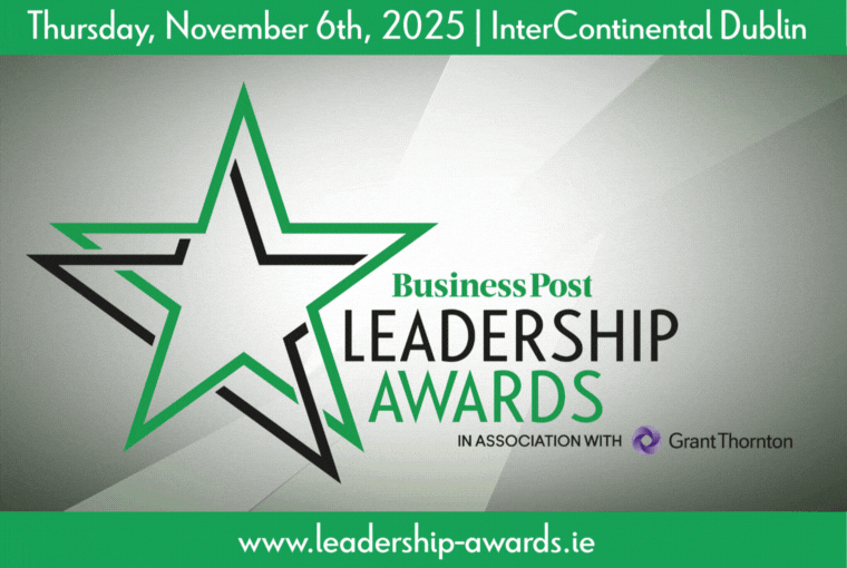 The image is an advertisement for the Business Post Leadership Awards. The event is scheduled for Thursday November 6th 2025 at the InterContinental Dublin. A large green and black star is featured prominently in the design. The text includes Business Post Leadership Awards in association with Grant Thornton. At the bottom of the image there is a website link www leadership awards ie.