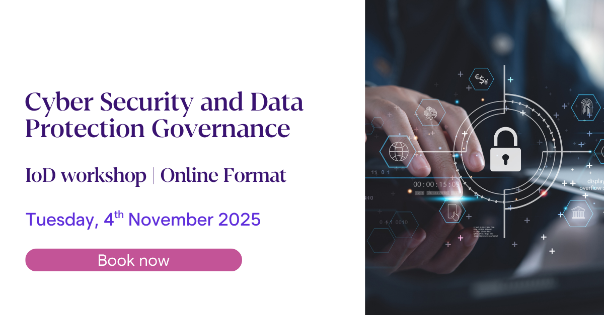 A promotional banner for an online workshop titled Cyber Security and Data Protection Governance scheduled for Tuesday 4th November 2025. A button labeled Book now is visible. The right side of the image shows a person interacting with a digital interface featuring cybersecurity icons such as a padlock.