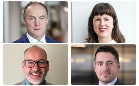 Four professional headshots arranged in a two-by-two grid. Each portrait shows an individual photographed from the shoulders up against a neutral or softly blurred background. The collage presents a mix of formal business attire and corporate-style photography, suitable for a webinar, panel discussion or executive event promotion.
