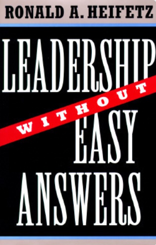 book cover of Leadership Without Easy Answers by Ronald A Heifetz with the word without in red diagonal text across the title