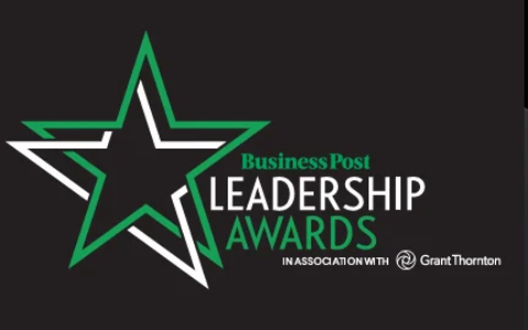 Business Post Leadership Awards logo featuring a stylised green and white star on a black background. The graphic includes the text Business Post Leadership Awards and In Association With Grant Thornton.