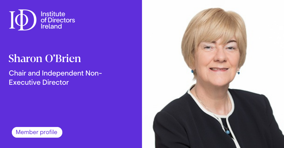 Promotional graphic for the Institute of Directors Ireland featuring the name Sharon OBrien with the title Chair and Independent Non Executive Director on a purple background. A Member Profile button appears below the text. On the right side there is a portrait of a woman wearing a black jacket with white trim and a necklace.