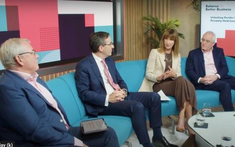 Four people sitting on blue couch in panel discussion setting colorful geometric background text on wall reads balance for better business unlocking gender balance in privately held companies.