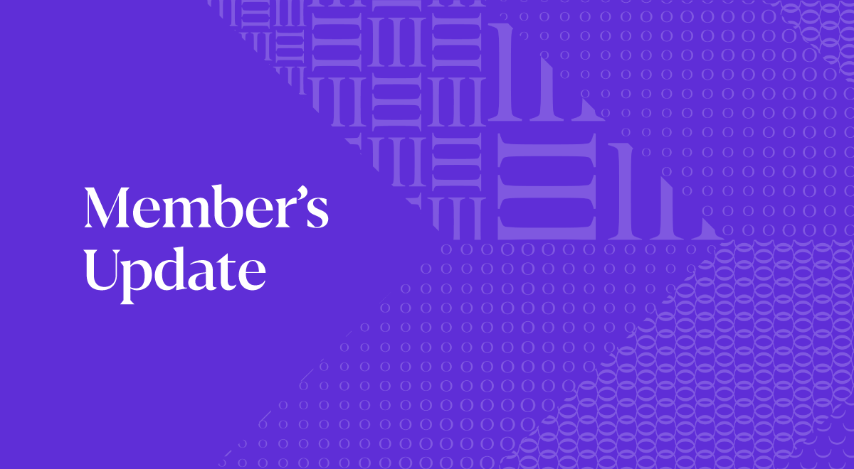 Purple background with the text Members Update in white on the left side. The right side features geometric patterns including circle semi-circles and lines in various configurations.