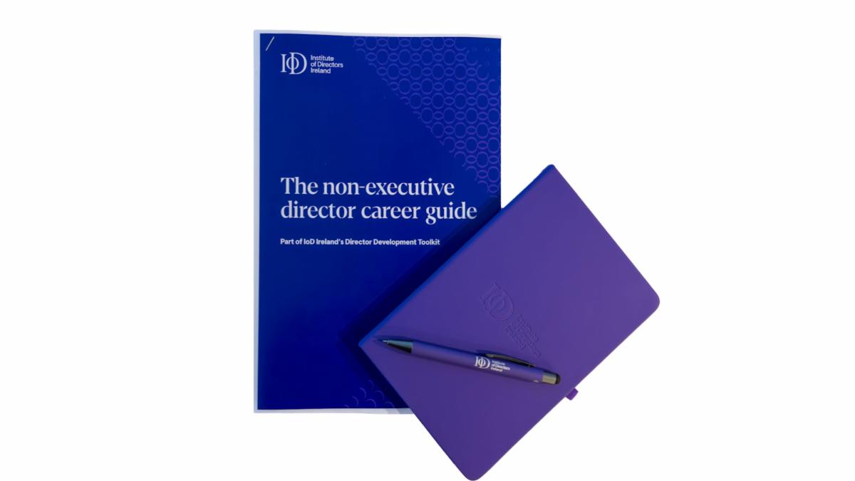 a blue booklet titled The non executive director career guide Part of IoD Irelands Director Development Toolkit is placed next to a purple notebook and a matching purple pen