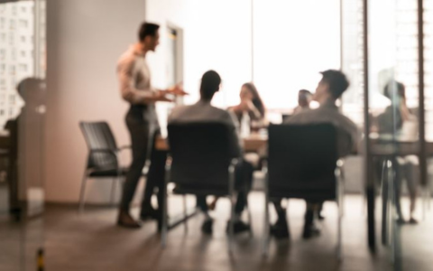 Group of people in a modern office seated around a conference table with one person standing and presenting in a bright room with large windows suggesting a professional meeting