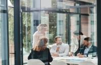 Group of business professionals seated around a board table 