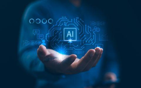 Abstract image of a hand holding an AI symbol and 