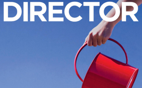 image on blue background of hand holding a red watering can and the words DIRECTOR at the top