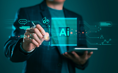 Illustration of a business professional interacting with a digital AI interface. A glowing microchip labelled AI appears at the centre of a futuristic network display, with connected icons and data pathways extending across the image. One hand is reaching towards the interface while the other holds a tablet, against a blue-green technology-themed background.