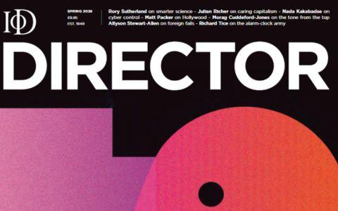 Magazine cover for Director featuring abstract, overlapping profile illustrations in pink and orange tones on a dark background. The design includes the Institute of Directors logo, the title Director in large white text, and cover lines for the Spring 2026 issue.