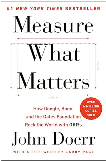 The cover of a book titled Measure What Matters by John Doerr. The text includes Number 1 New York Times Bestseller Measure What Matters How Google Bono and the Gates Foundation Rock the World with OKRs John Doerr With a Foreword by Larry Page Over a Million Copies Sold. Red measurements around the title text indicate 3.8701 in horizontally and 7.2917 in vertically.