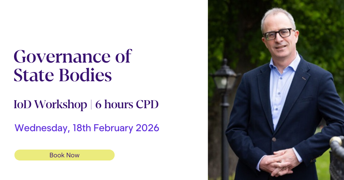 A promotional graphic featuring text about a corporate governance workshop, including the date Wednesday, 28th May 2025 and a ‘Book now’ button. Beside the text, a person in a dark blazer and light blue shirt stands outdoors near a lamp post with trees in the background.