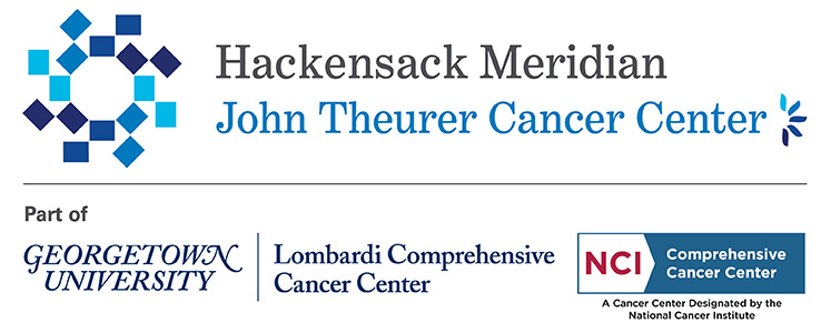 A logo lockup of Hackensack Meridian John Theurer Cancer Center Georgetown Lombardi and the National Cancer Institute
