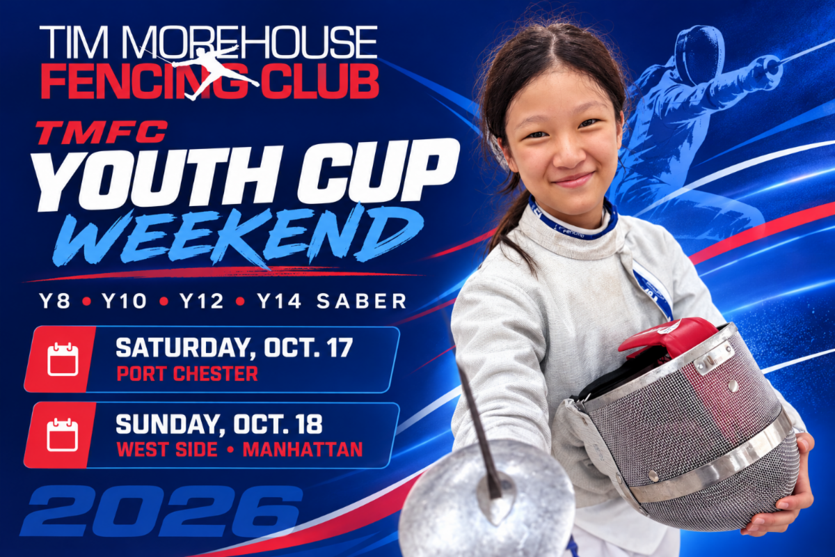 Young saber fencer in the TMFC Youth Cup Weekend graphic for Port Chester, Westchester and Manhattan, October 17–18, 2026