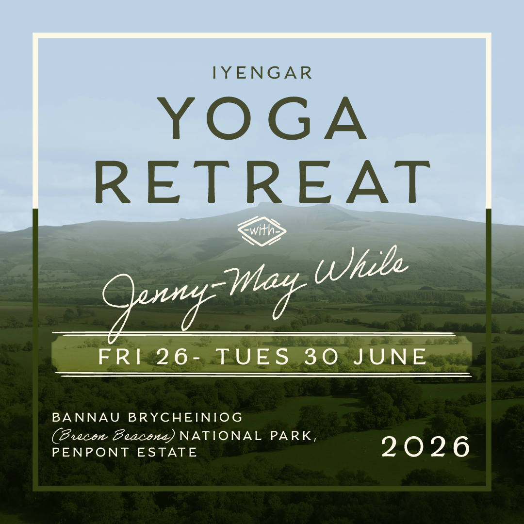 Promotional graphic for 5-day Yoga retreat with Jenny-May While. Details overlaid a background image of Bannau Brycheiniog National Park