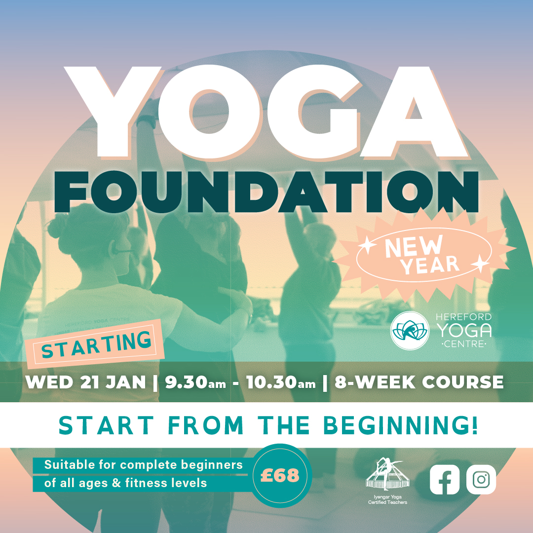 Yoga Foundation Course promo graphic. Text overlaid image of Jenny-May While adjusting student in class.
