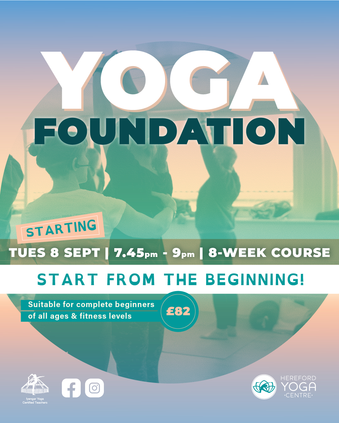 Yoga Foundation Course promo graphic. Text overlaid image of Jenny-May While adjusting student in class.