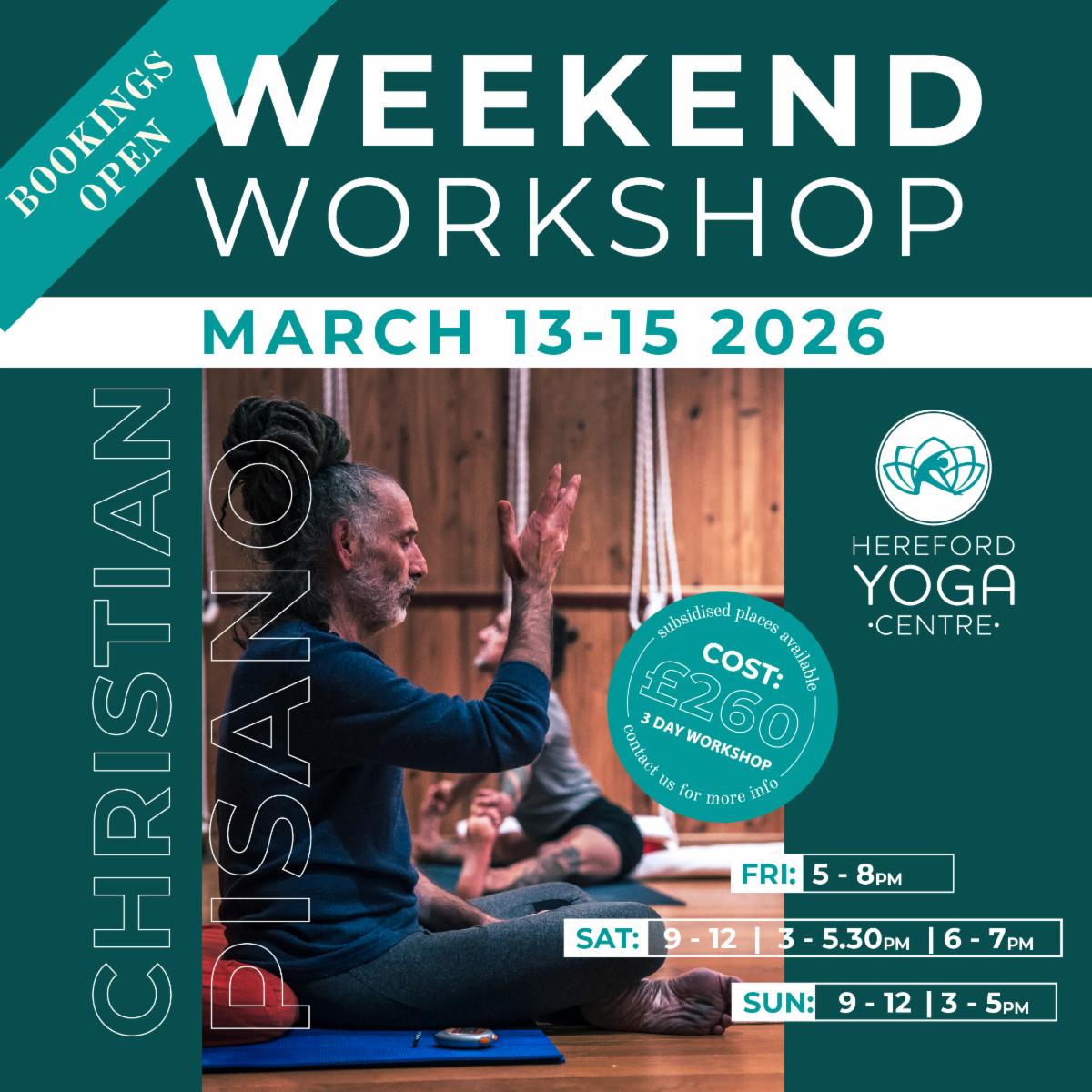promo graphic for Christian Pisano 2026 workshop with Hereford Yoga Centre
