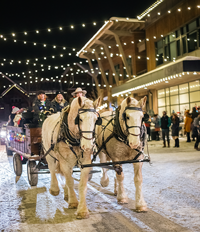 Horse-drawn sleigh ride at Big Sky Resort in Montana