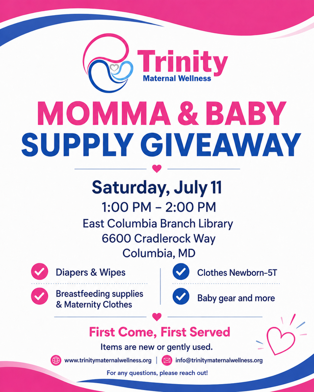 Mother and baby supply giveaway on July 11, 1 to 2 p.m. at the East Columbia Library