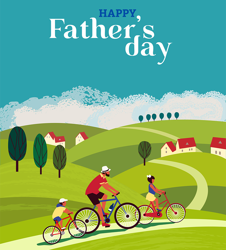 Father's Day graphic with a family riding bikes in a park