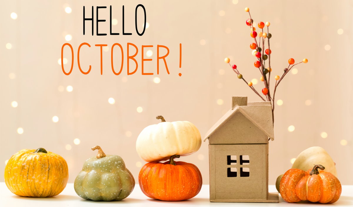 Hello October banner with pumpkins