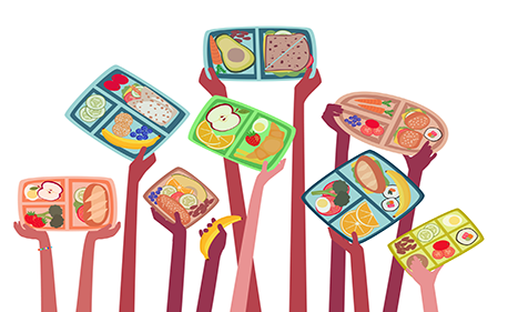 Hands holding up trays of food