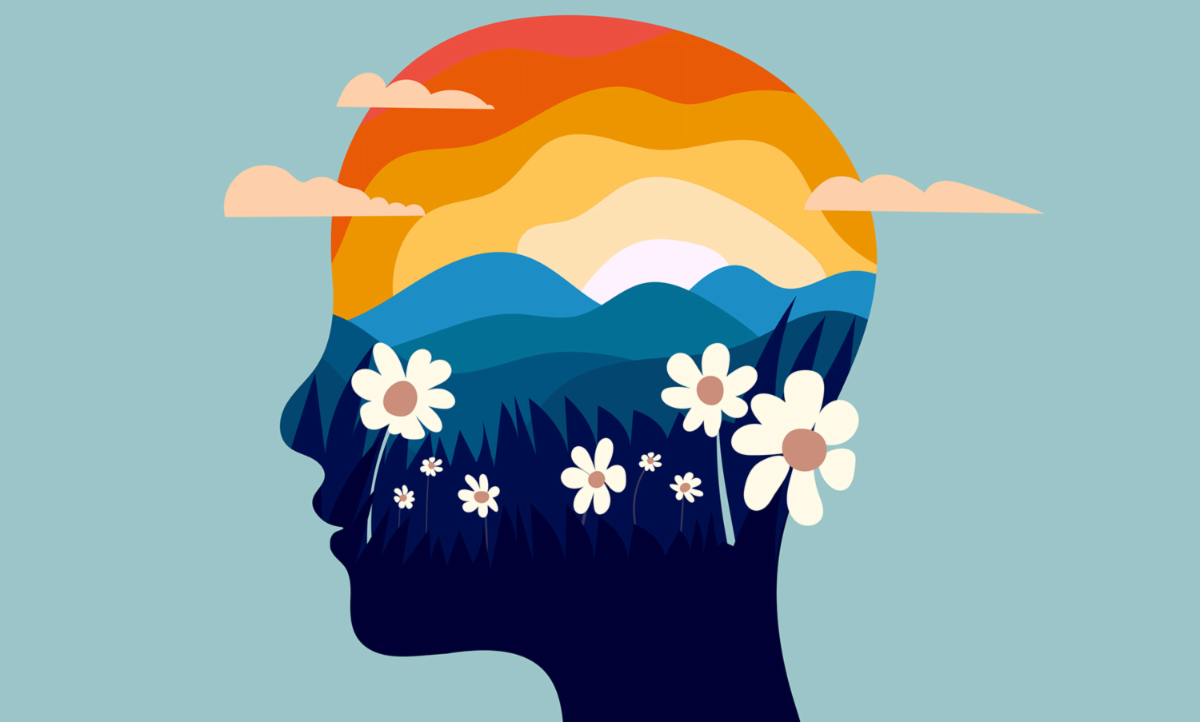 Mental health mind with sunrise mountains and flowers head silhouette
