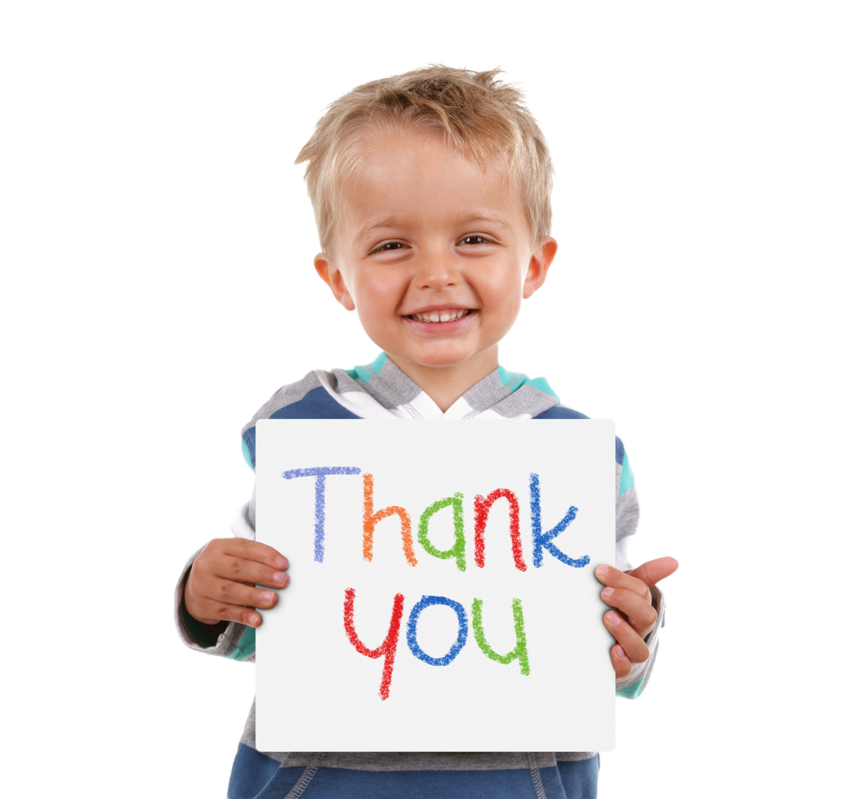 Young boy holding a sign that says Thank You.