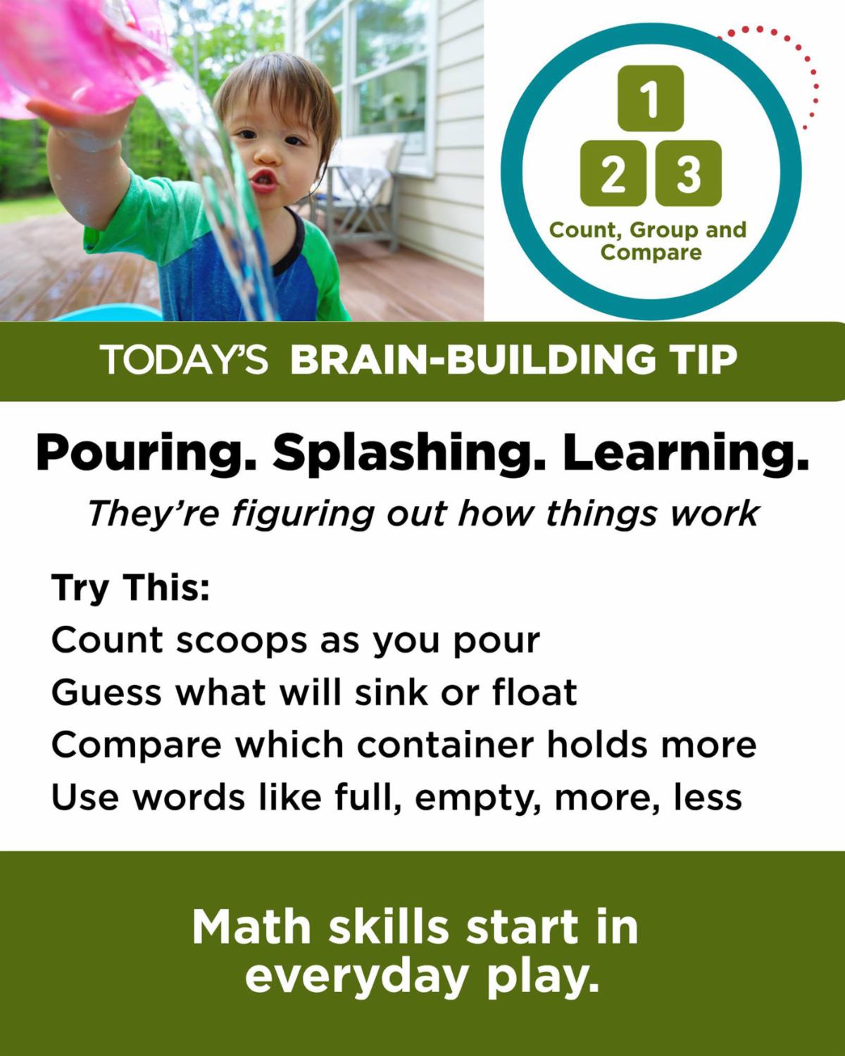 A child pouring water while learning basic early math skills.