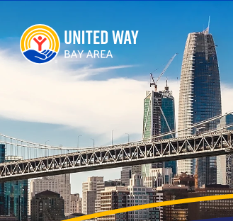 United Way Bay Area logo over a San Francisco skyline with the Bay Bridge and Salesforce Tower, under a partly cloudy sky