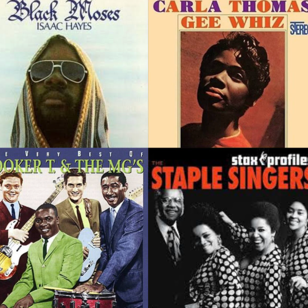 Grid of four classic Stax Records album covers: Isaac Hayes' 'Black Moses,' Carla Thomas' 'Gee Whiz,' a group of male musicians in suits, and 'Stax Profiles: Staple Singers.